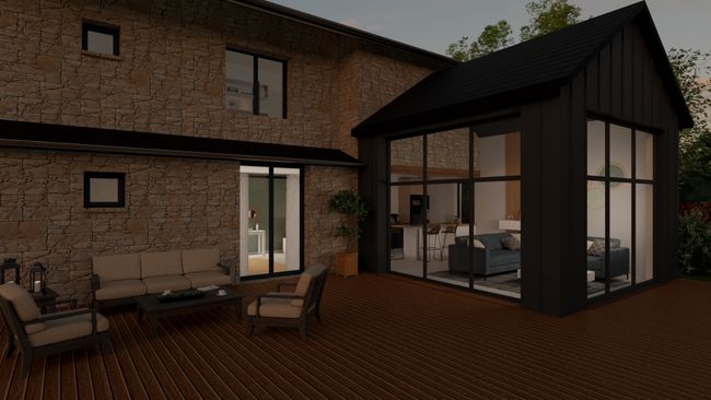 Rendu 3D Extension bois avec toit à deux pans