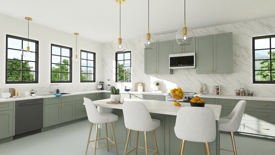 kitchen with marble and pendant lights for island lighting by Cedreo
