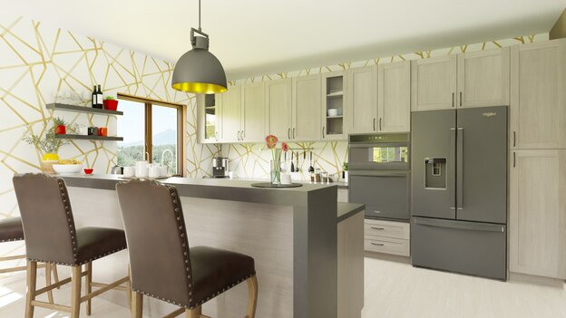 kitchen with soft neutral wallpaper by Cedreo