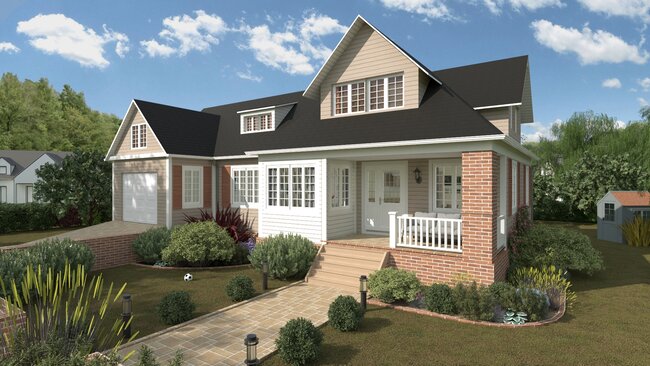 3D render of a Craftsman house with dormer