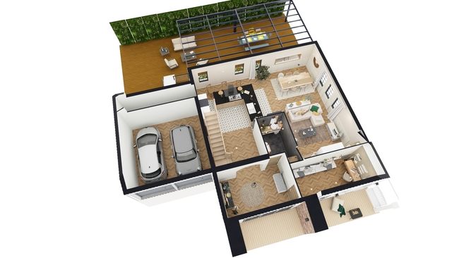 Groundfloor 3D floor plan of a craftsman house created with Cedreo