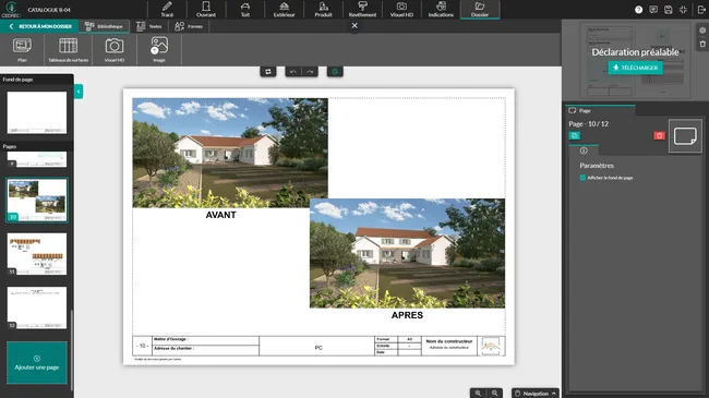 Capture d'écran Cedreo avec page de permis de construire présentant les rendus 3D avant / après surélévation