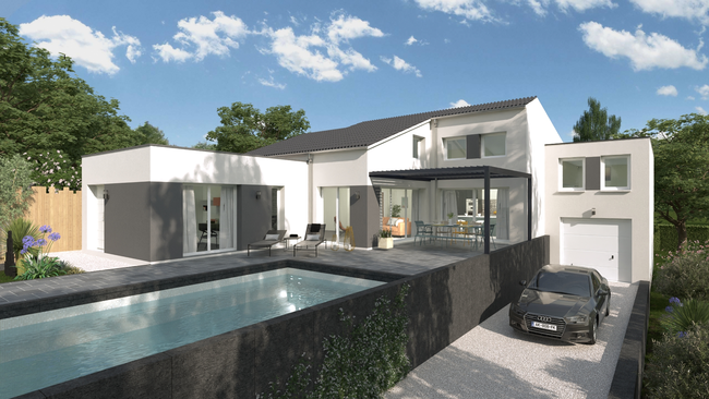 Visuel 3D d'une villa avec piscine et une extension d'un garage en demi niveau