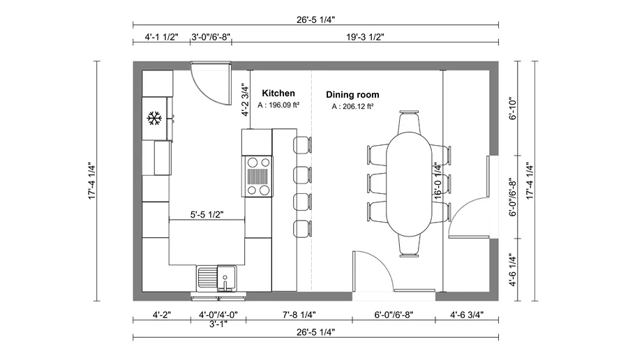 U-shaped kitchen 2D floor plan with dimensions designed with Cedreo