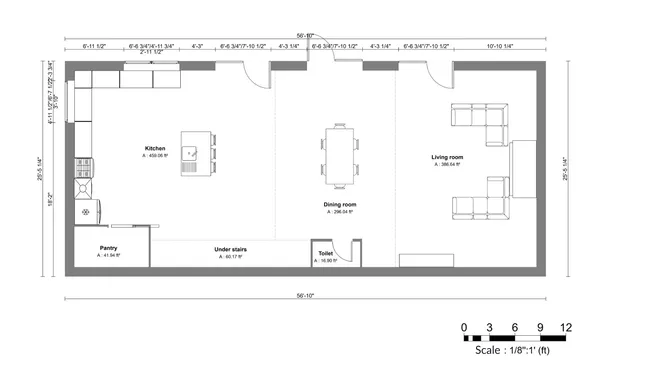 Great room 2D scaled floor plan designed with Cedreo
