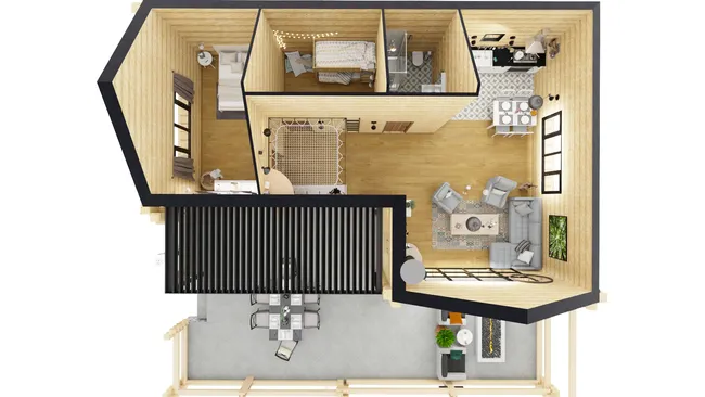 3D floor plan of a prefab home designed with Cedreo