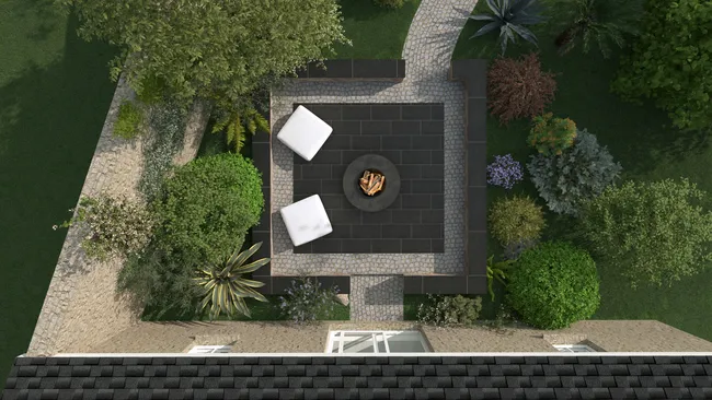 3D plan of a garden with patio designed with Cedreo