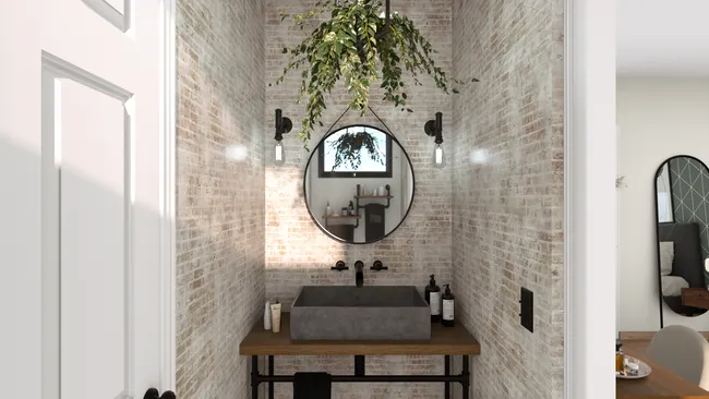 3D render of a small bathroom with brick pattern by Cedreo