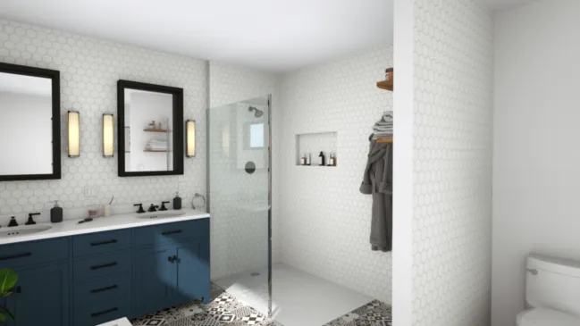 3D render of a white and blue bathroom generated with cedreo