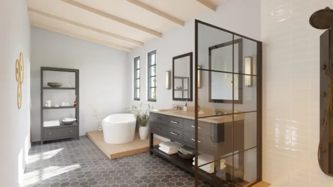 3D render of a master bathroom with shower and bath, created with Cedreo