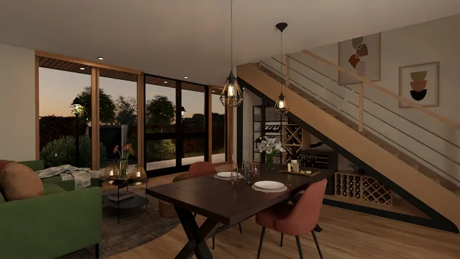 3D render of a dining room at night with artificial lighting created with Cedreo