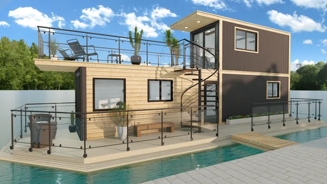 3D render of a floating tiny house designed with Cedreo