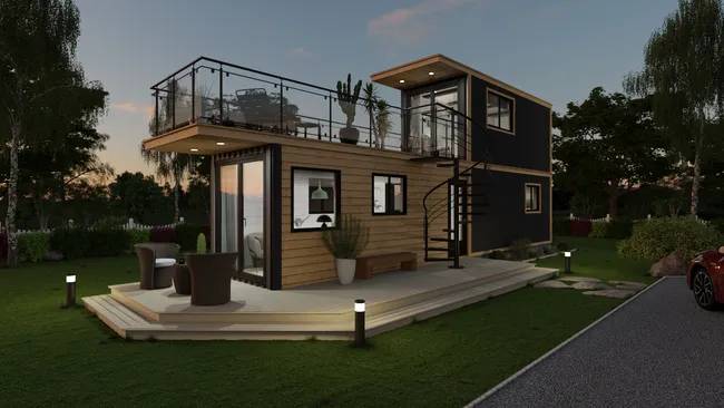 3D render by night of a container house designed with Cedreo