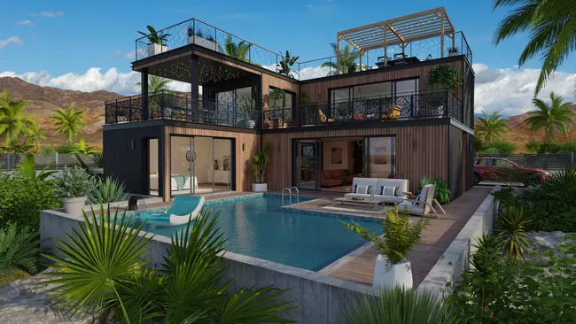 3D render of a luxury shipping container designed with Cedreo