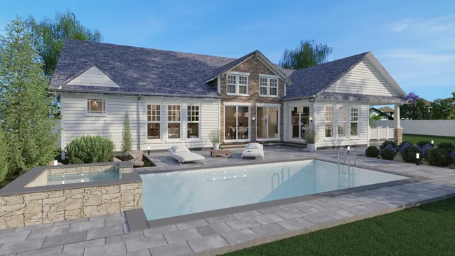 3D rendering of the rear facade of a ranch-style house with a swimming pool created with Cedreo