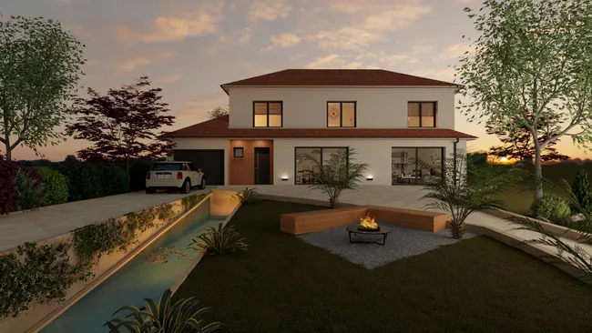 3D render at night of a house with Hip roof designed with Cedreo