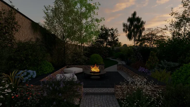 3D render of a garden with firepit designed with Cedreo