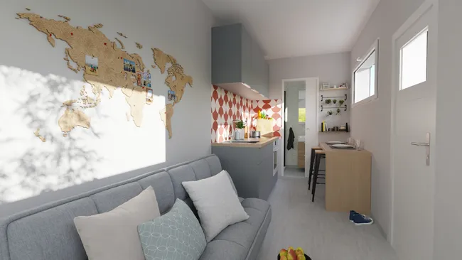 3D render of the interior of a tiny guest house in a 20-foot container designed with Cedreo