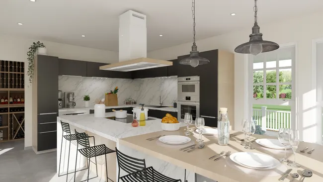 3D render of a kitchen with a big island