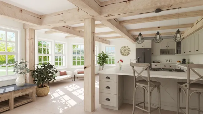 3D render of a kitchen with posts and beams designed with Cedreo