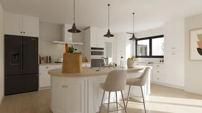 3D render of a modern farmhouse kitchen by Cedreo
