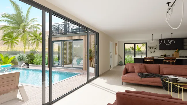 3D render of a luxury shipping container livingroom designed with Cedreo