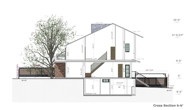 Cross section of a Craftsman house with elevation dimensions made with Cedreo