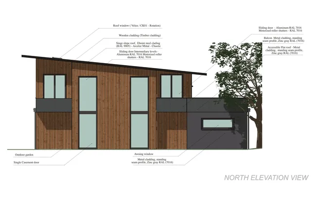Elevation view with annotations of a modern wooden house by Cedreo