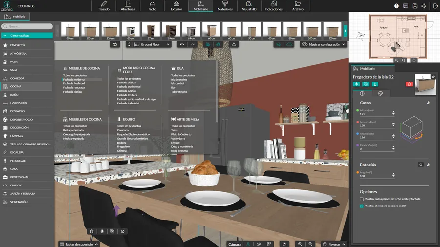 Captura de pantalla del software Cedreo para mobiliario de cocina.