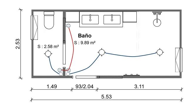 Plano eléctrico del cuarto de baño generado con Cedreo