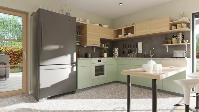 Renderización 3D de una cocina con influencia cultural diseñada con Cedreo