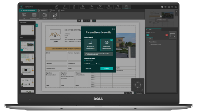Interface du Logiciel Cedreo, étape impression et exportation des documents