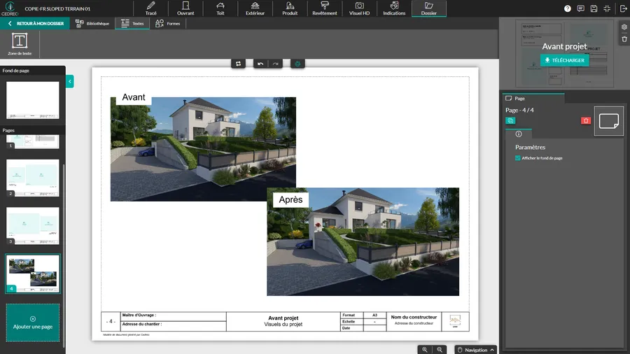 interface logiciel cedreo étape document pour présenter ses projets
