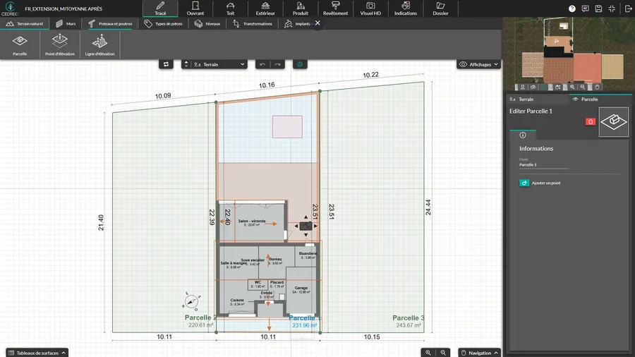 Capture d'écran du logiciel Cedreo avec mise en valeur de la modélisation du terrain