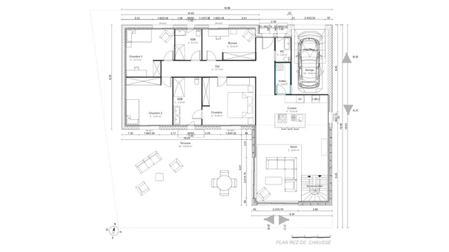 Plan 2D du RDC d'une maison avec composition des murs réalisé avec Cedreo