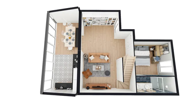 Plan 3D extension véranda d'une cuisine réalisé avec le logiciel Cedreo