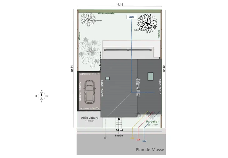 Plan de masse réalisé avec Cedreo avec une extension garage