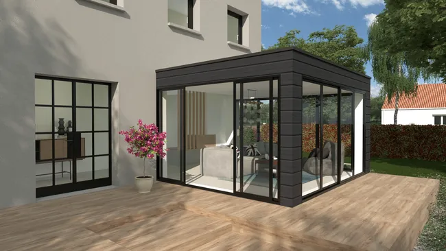 Rendu 3D d'une maison contemporaine avec une véranda à toit plat réalisé avec Cedreo