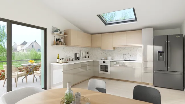 Rendu 3D de l'intérieur d'une maison rénovée avec une extension de cuisine moderne