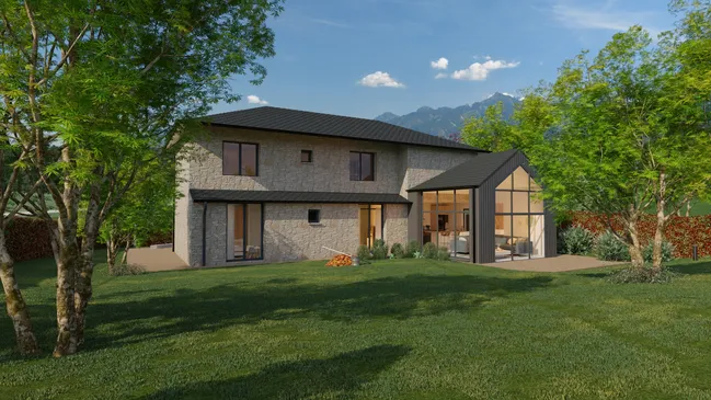 Rendu 3D de la façade arrière d'une maison en pierre avec une véranda moderne réalisé avec Cedreo