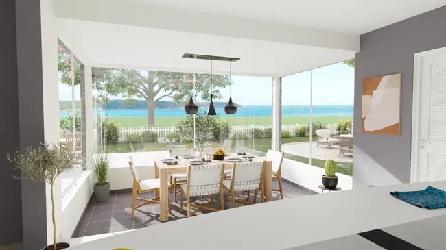 Rendu 3D d'une extension en baie vitrée d'une salle à manger avec vue mer réalisé avec Cedreo