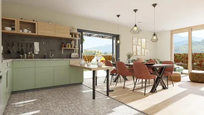 Rendu 3D d'une cuisine ouverte sur le séjour réalisé avec Cedreo