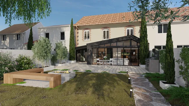 Rendu 3D d'une maison de ville avec une véranda réalisé avec Cedreo