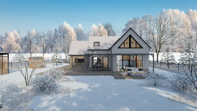 Rendu 3D extérieur d'une maison familiale sous la neige réalisé avec Cedreo