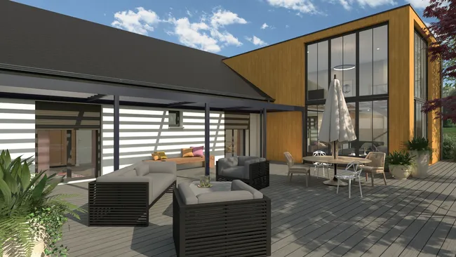 rendu 3D d'une maison traditionnelle avec extension bois par Cedreo