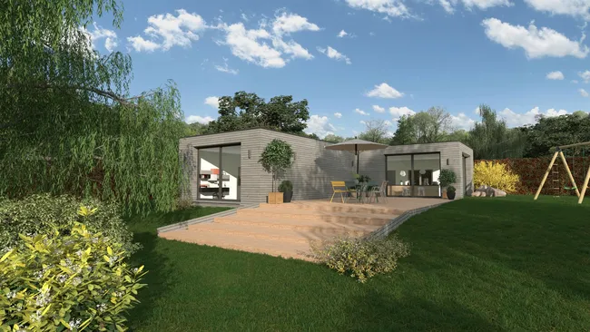 Rendu 3D d'une maison plein pied en container bardage bois réaliser avec Cedreo