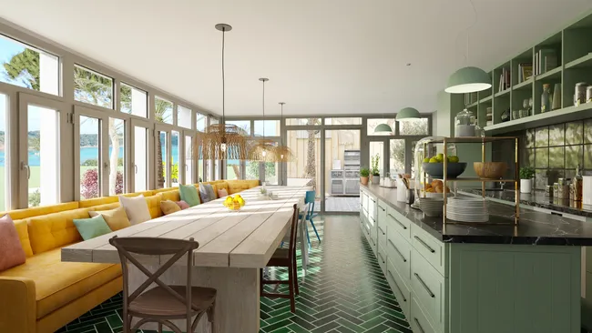 Rendu 3D d'une salle de bar - restaurant créé avec Cedreo