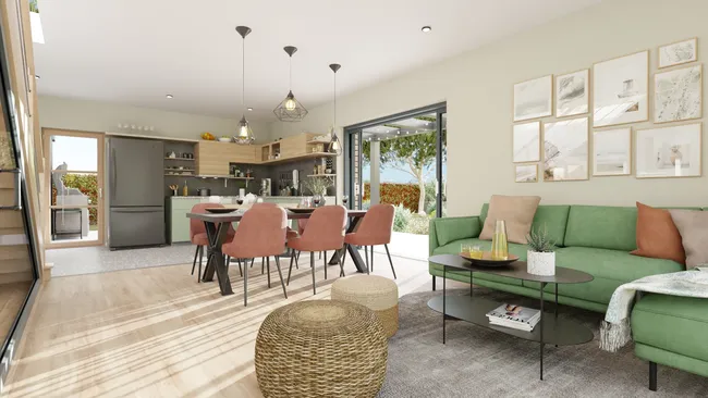 Rendu 3D d'un séjour cuisine ouverte lumineux réaliser avec Cedreo