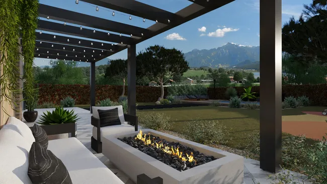 Rendu 3D d'une terrasse donnant sur le jardin réalisé avec Cedreo