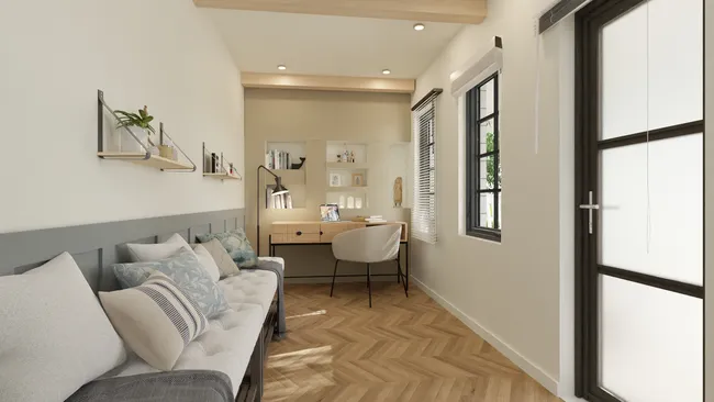 Rendu 3D d'une extension d'un espace bureau par Cedreo